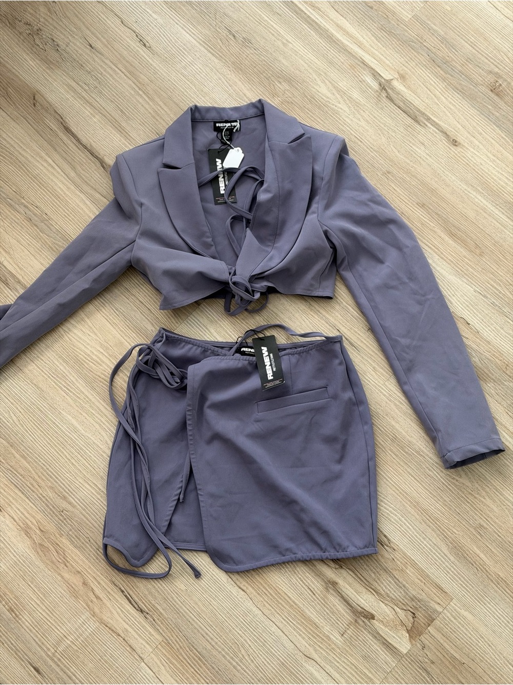 PrettyLittleThing Slate Purple Tie-Front Crop Blazer & Wrap Mini Skirt Set